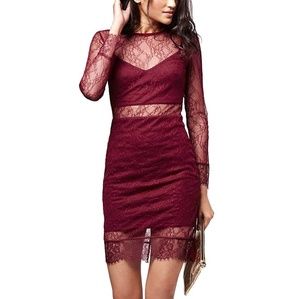 Topshop Red Lace Overlay Bodycon Longsleeve Dress